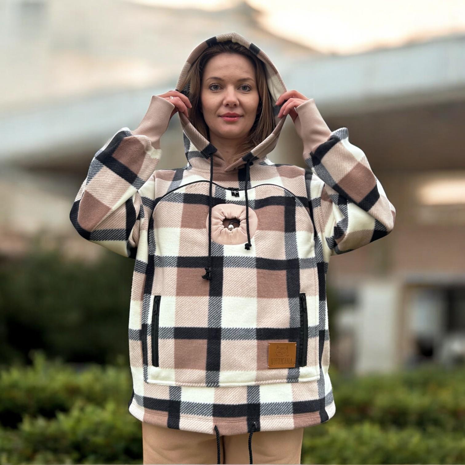 Beige Plaid Women's Fleece Hoodie: Cats Apparel - Happy Hoodie for Cats with Zip Up Pet Pouch Secondary image