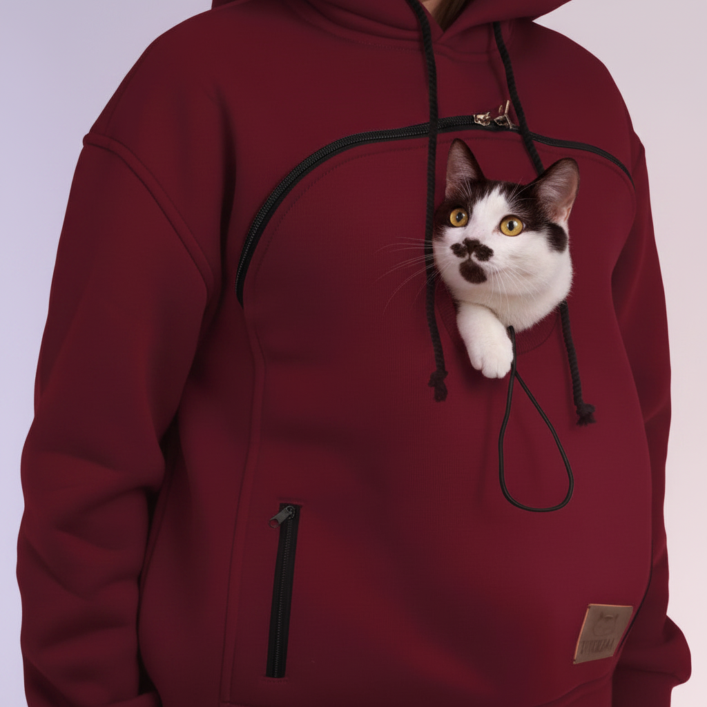 Burgundy Pet Carrier Hoodie with a Snuggle Pouch: Designer Cat & Dog Clothes Secondary image