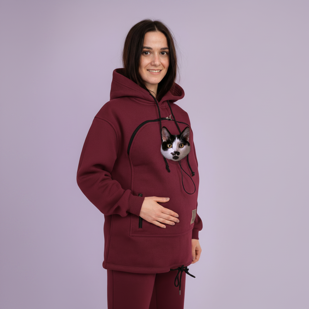 Person wearing a  Burgundy hoodie with a cat on a white background Main image