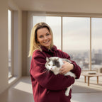 Woman in a  Burgundy hoodie holding a cat inside in the living room 