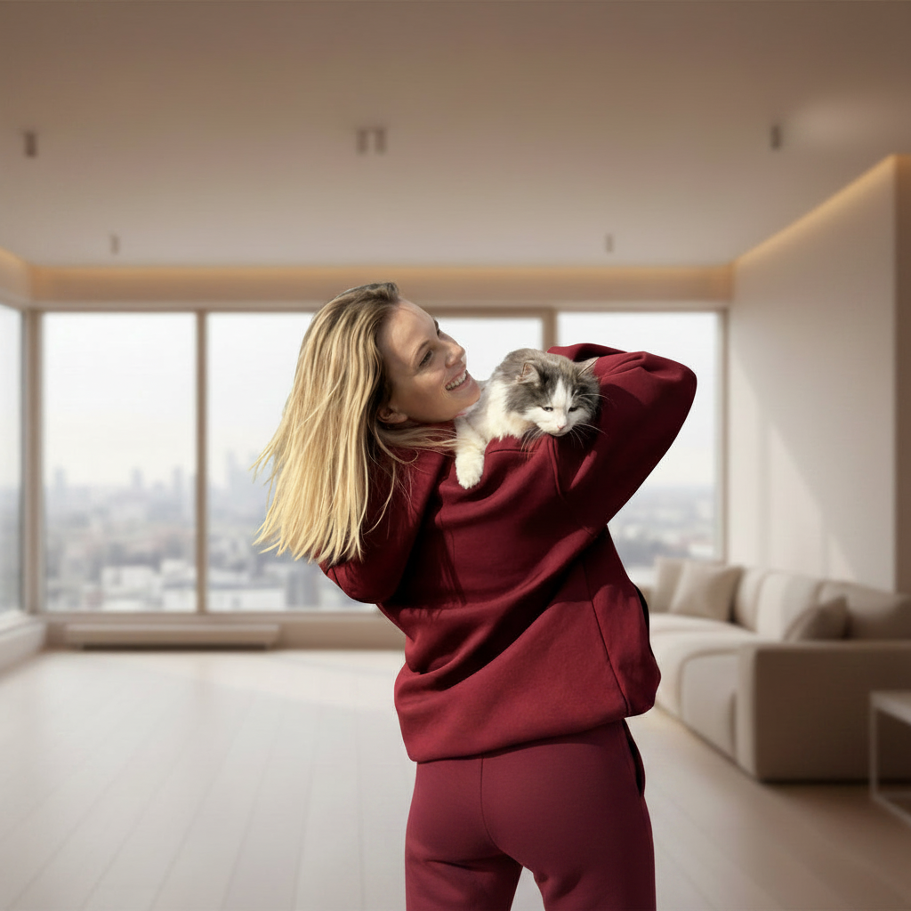 Woman in a Burgundy outfit holding a cat in a modern living room with large windows.