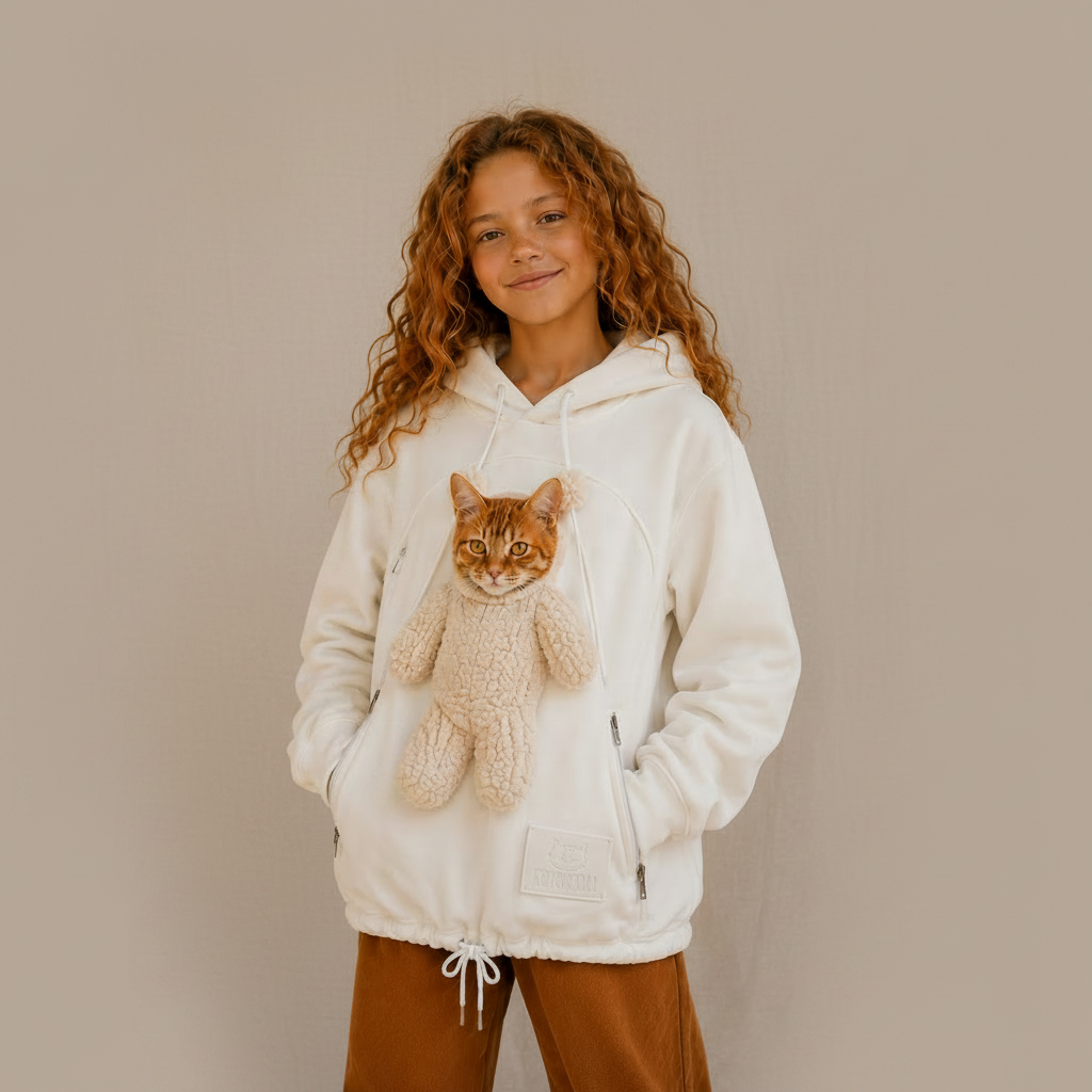 A young girl with long curly light brown hair wearing a cream-colored fleece hoodie with a 3D cat plush toy attached to the chest, paired with brown pants, standing against a neutral textured wall with dappled sunlight. Основне зображення