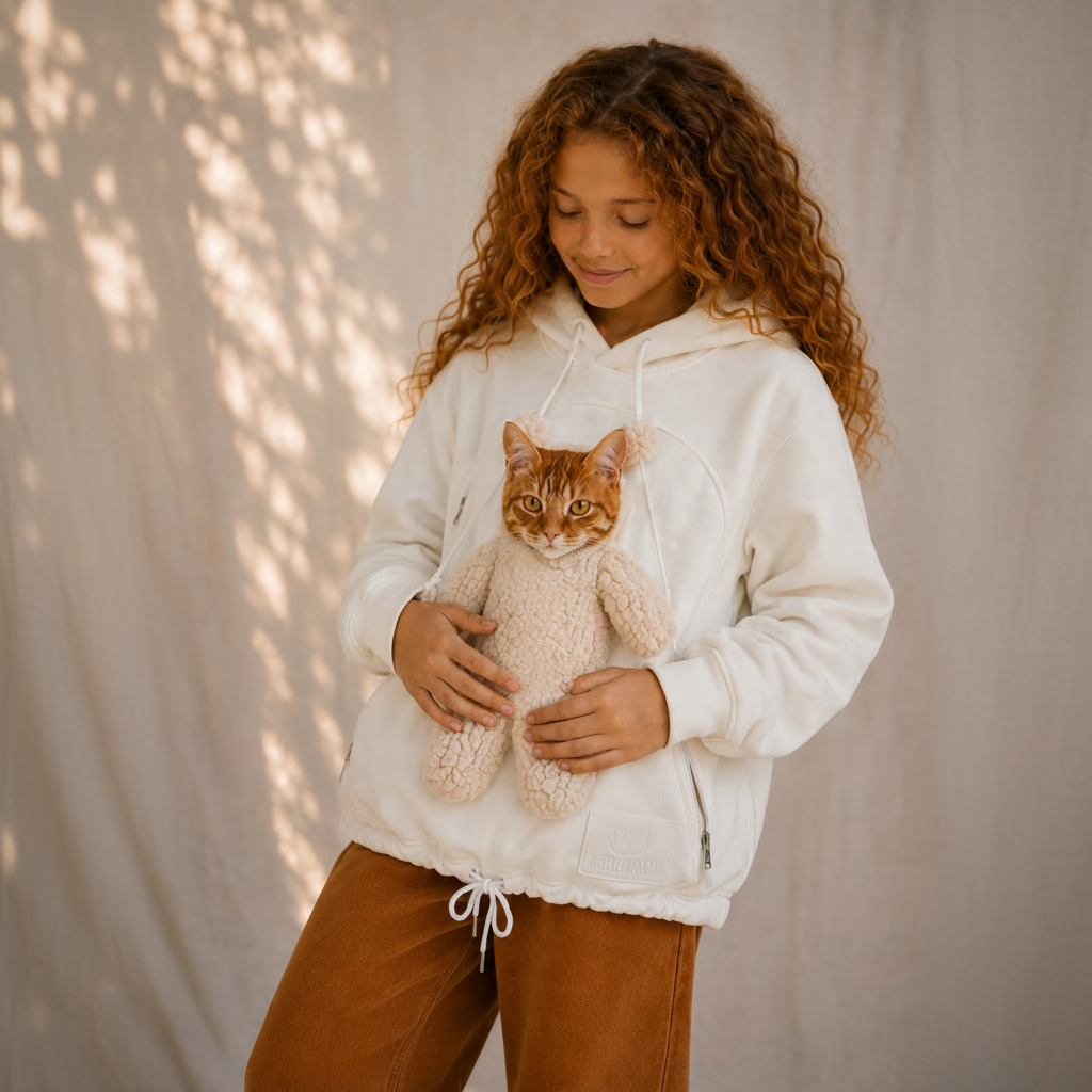 A woman with long curly brown hair wearing a cream-colored hoodie with a printed cat graphic, holding a small orange tabby cat. She is wearing brown pants against a neutral beige wall with soft leaf shadows.