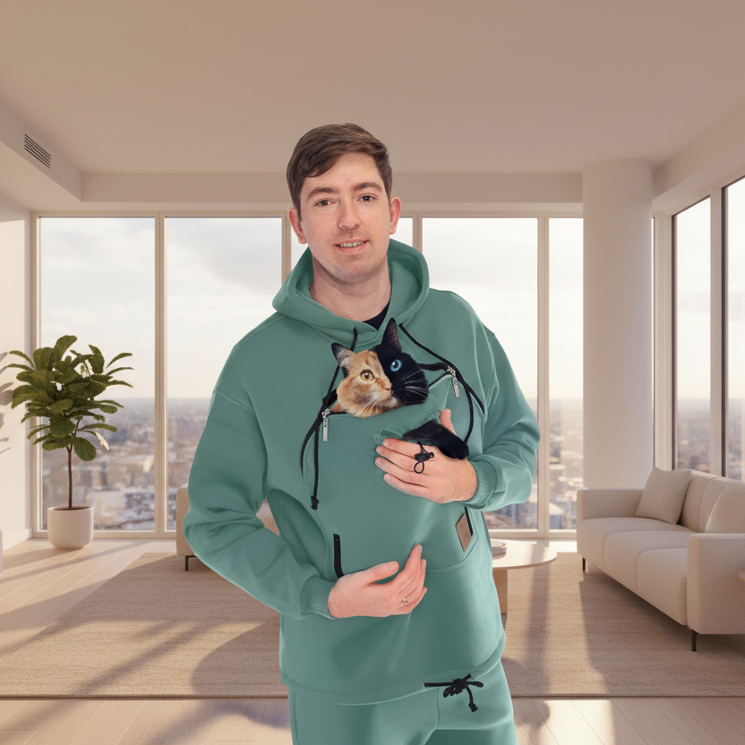 Person wearing a Emerald Green hoodie with a cat design in a modern living room. Main image