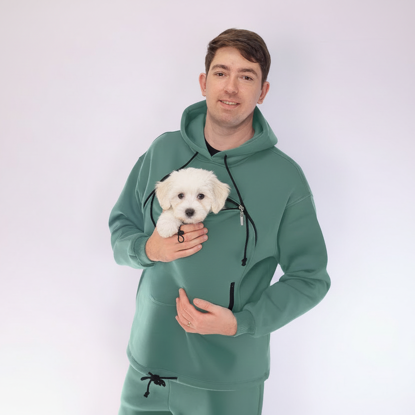 Cat Hoodie Mens: Fleece Lined Emerald Green Hoodie with Secure Zip Up Pouch for Pet Owners Secondary image