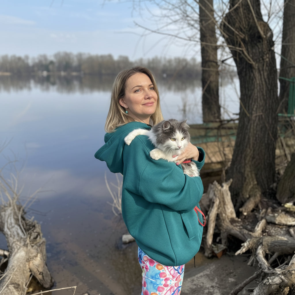 Woman holding a cat by a lake with trees in the background