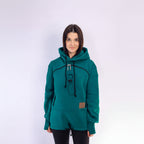 Person wearing a teal hoodie with a white background