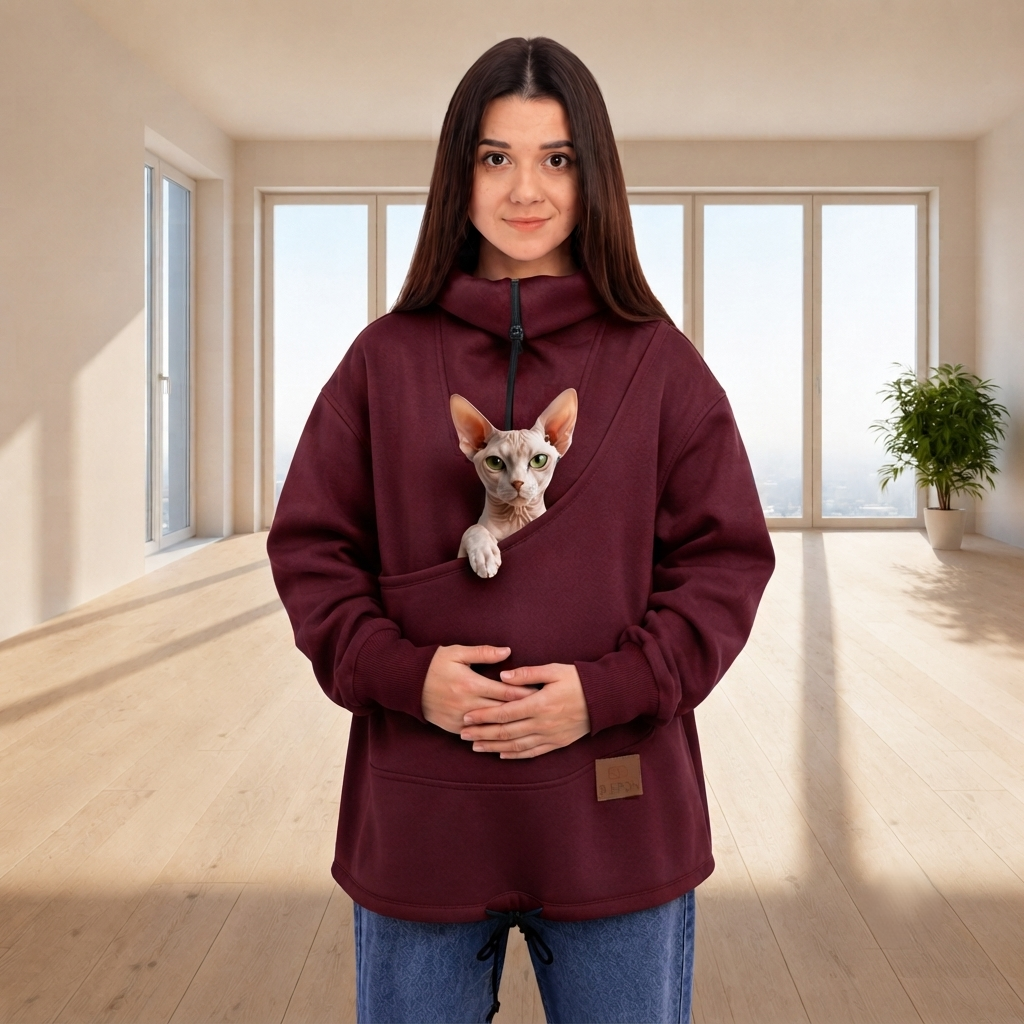 Person wearing a burgundy sweatshirt with a cat in an indoor setting