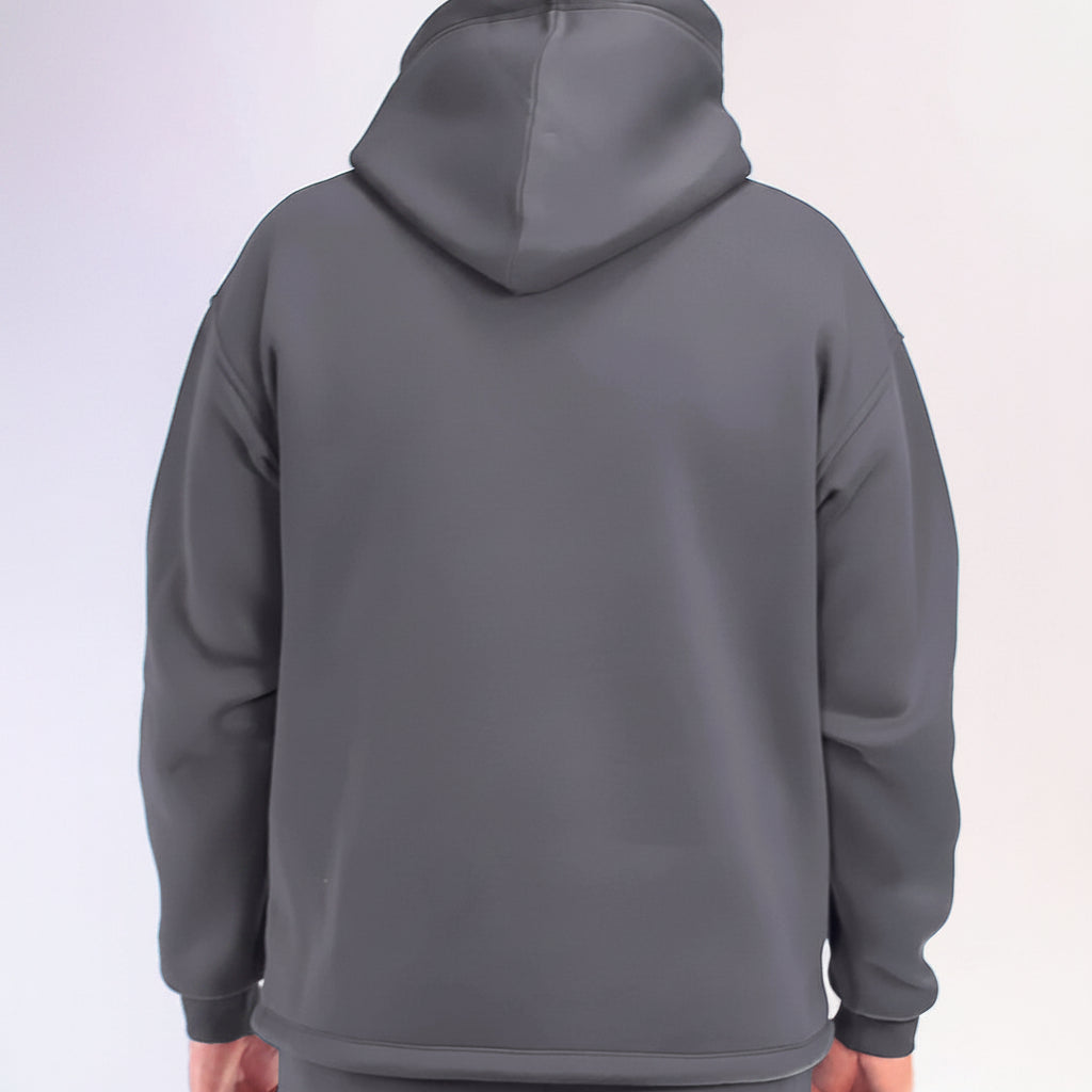 Gray hoodie worn by a person on a white background