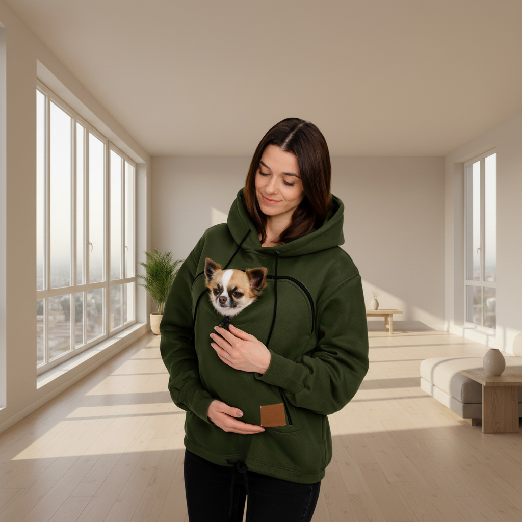 A woman in a bright, modern room wearing an dark green hoodie and holding a small dog in a pet pocket. The room has large windows, light wood floors, and a minimalist sofa in the background.
