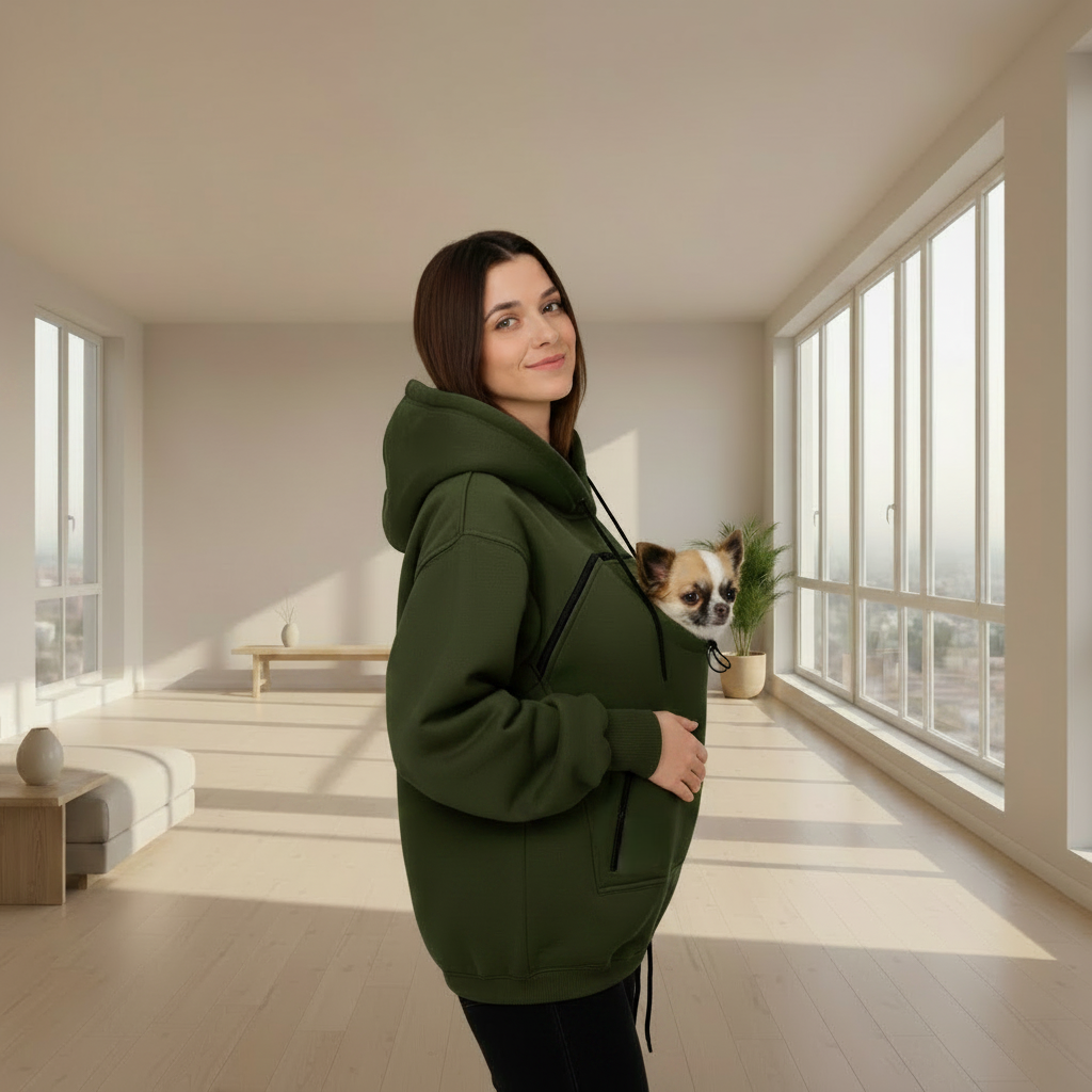 A woman wearing an oversized dark green pet hoodie with a small dog in a carrier pocket, standing in a bright, modern room with large windows.