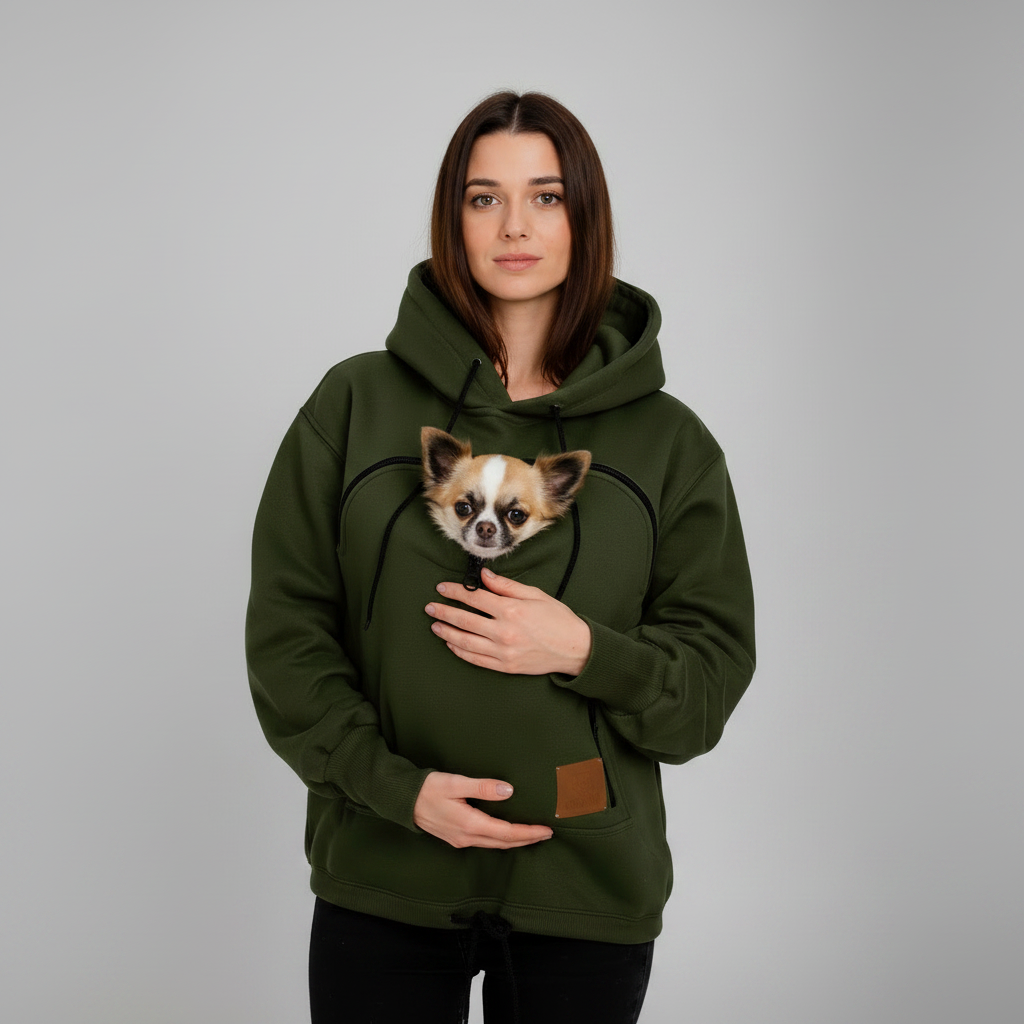 A woman wearing an dark green hoodie with a built-in pet pocket holding a small Chihuahua dog, photographed against a neutral gray studio background.
