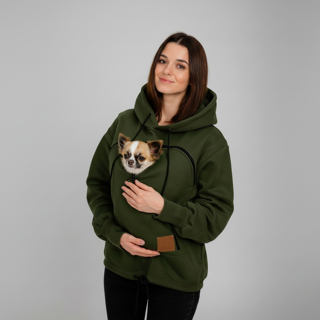 A woman wearing an dark green hoodie with a small dog peeking out of the front pocket, photographed against a plain light gray studio background.