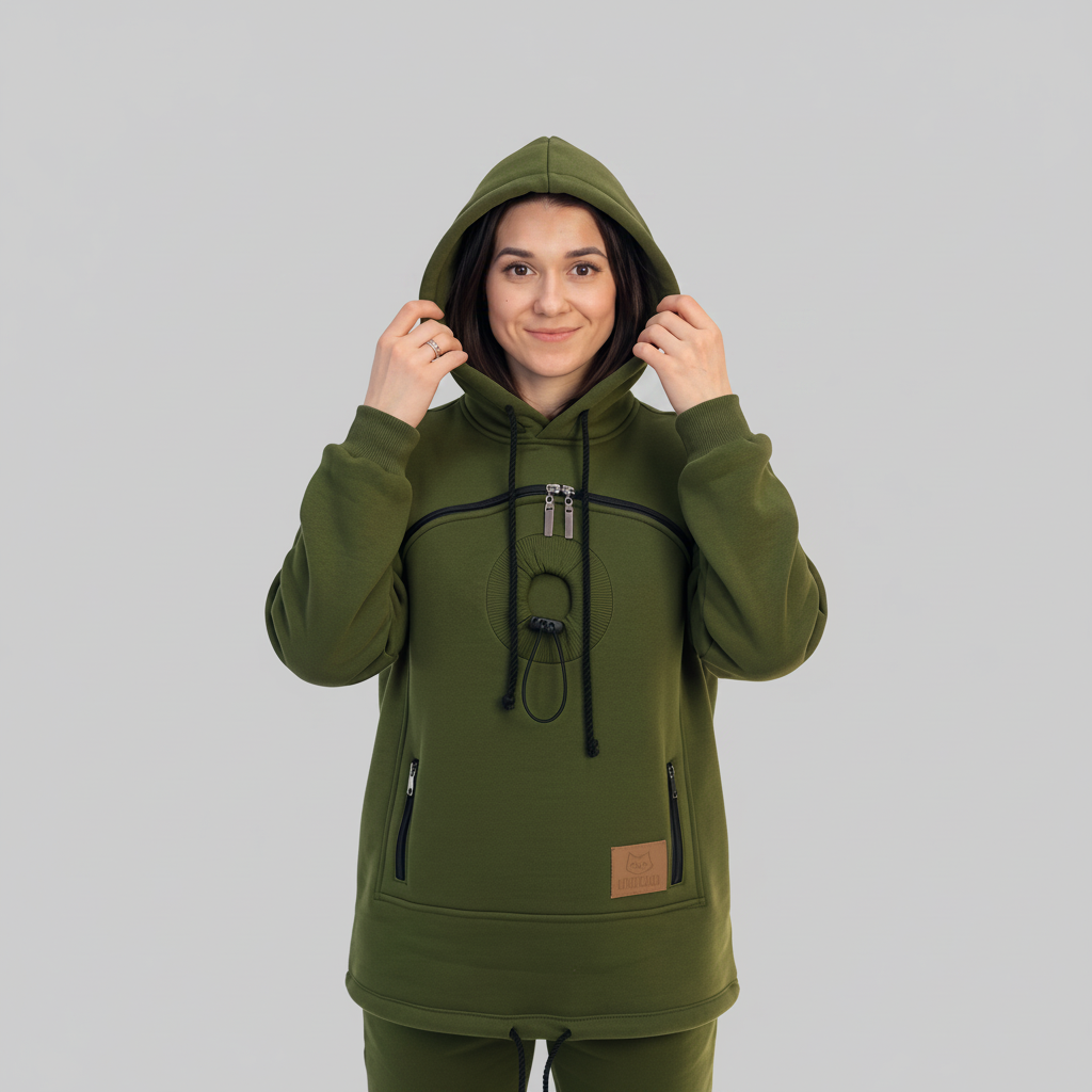 A woman wearing an dark green hooded sweatshirt with black drawstrings and zipper details, posing against a plain light background.