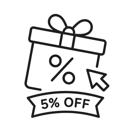 A simple black line icon of a gift box with a percentage sign and a ribbon banner reading '5% OFF', centered on a very light gray background with the text 'Give Your Audience 5% Off' above it.