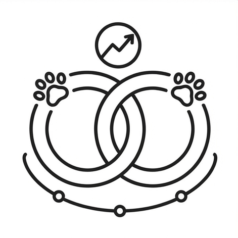 A minimalist black line icon representing a long-term partnership, featuring two interlocking rings with paw prints and an upward-trending graph above them, centered on a white square over a very light gray background.