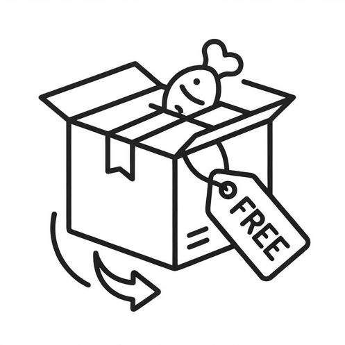 A simple black line drawing of an open box with a small heart-shaped item inside and a tag reading FREE, centered on a light gray background with the text 'Why Partner With Us' above and 'Receive Free Products' below.