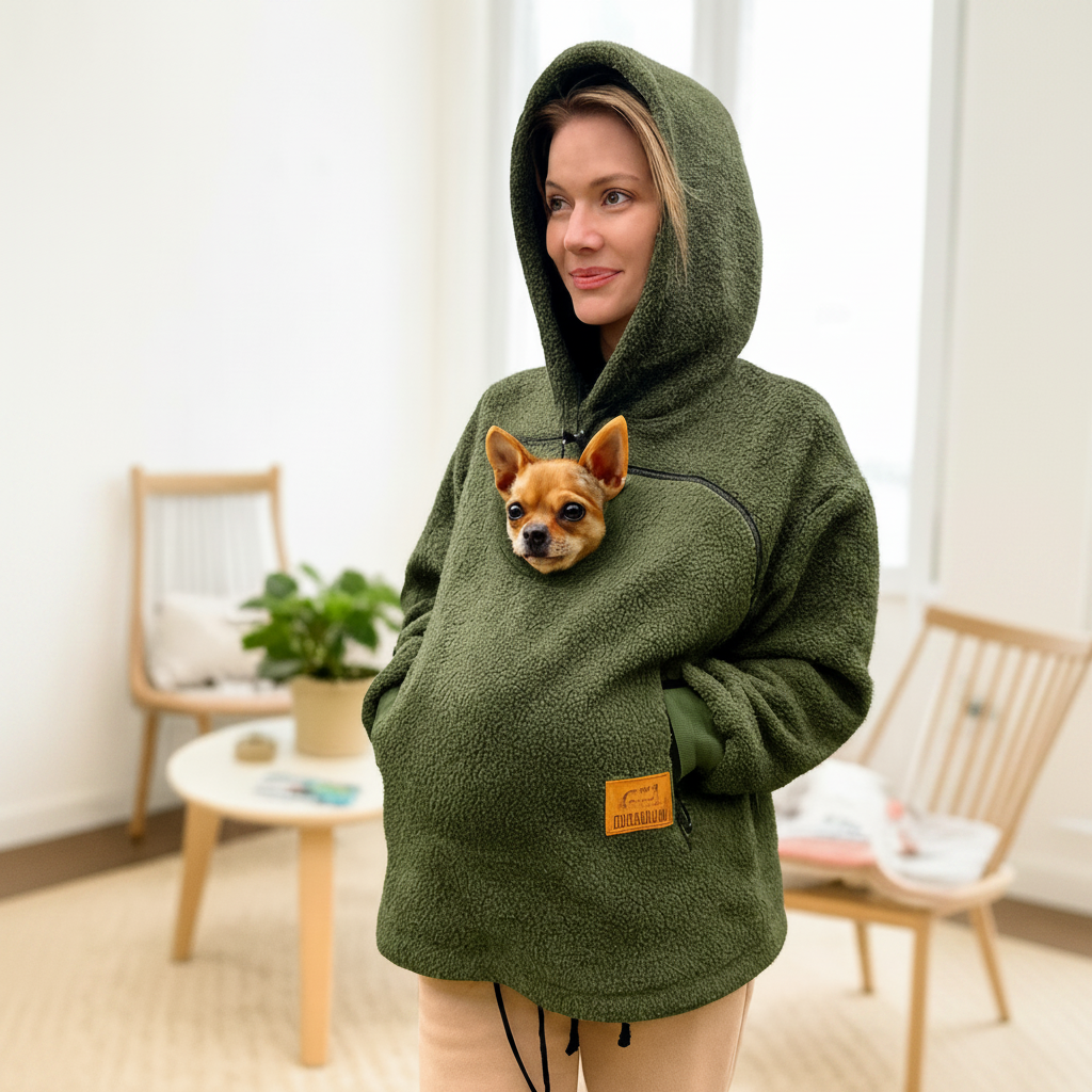 Women wearing a khaki sherpa hoodie with a pocket featuring a small dog, standing in a room with furniture and decor. Main image