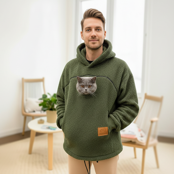 Man wearing a green khaki hoodie with a cat face design in a room with light-colored walls and wooden furniture. Main image