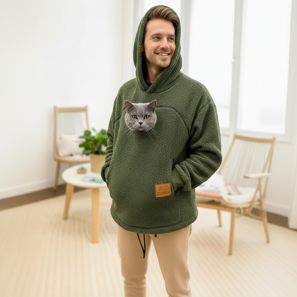 Khaki Color Hoodie for Men: Unique Cat Clothing with Pet Pouch for Cats & Dogs - Soft Boucle Secondary image
