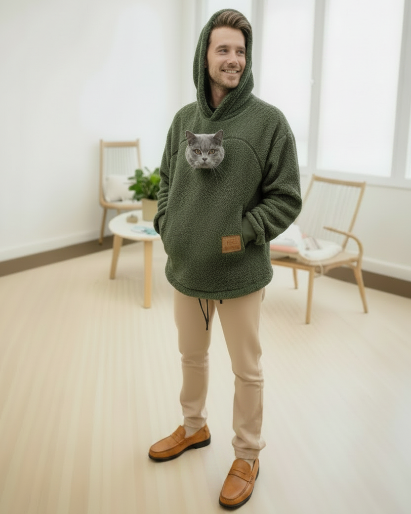 Person wearing a green hoodie with a cat face design, standing in a room with light-colored walls and furniture.