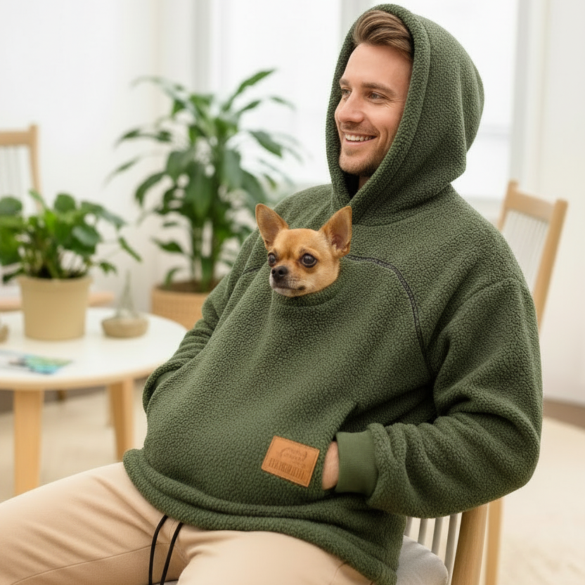 Man wearing a green Khaki hoodie with a pocket, sitting indoors with a small dog inside the pocket.