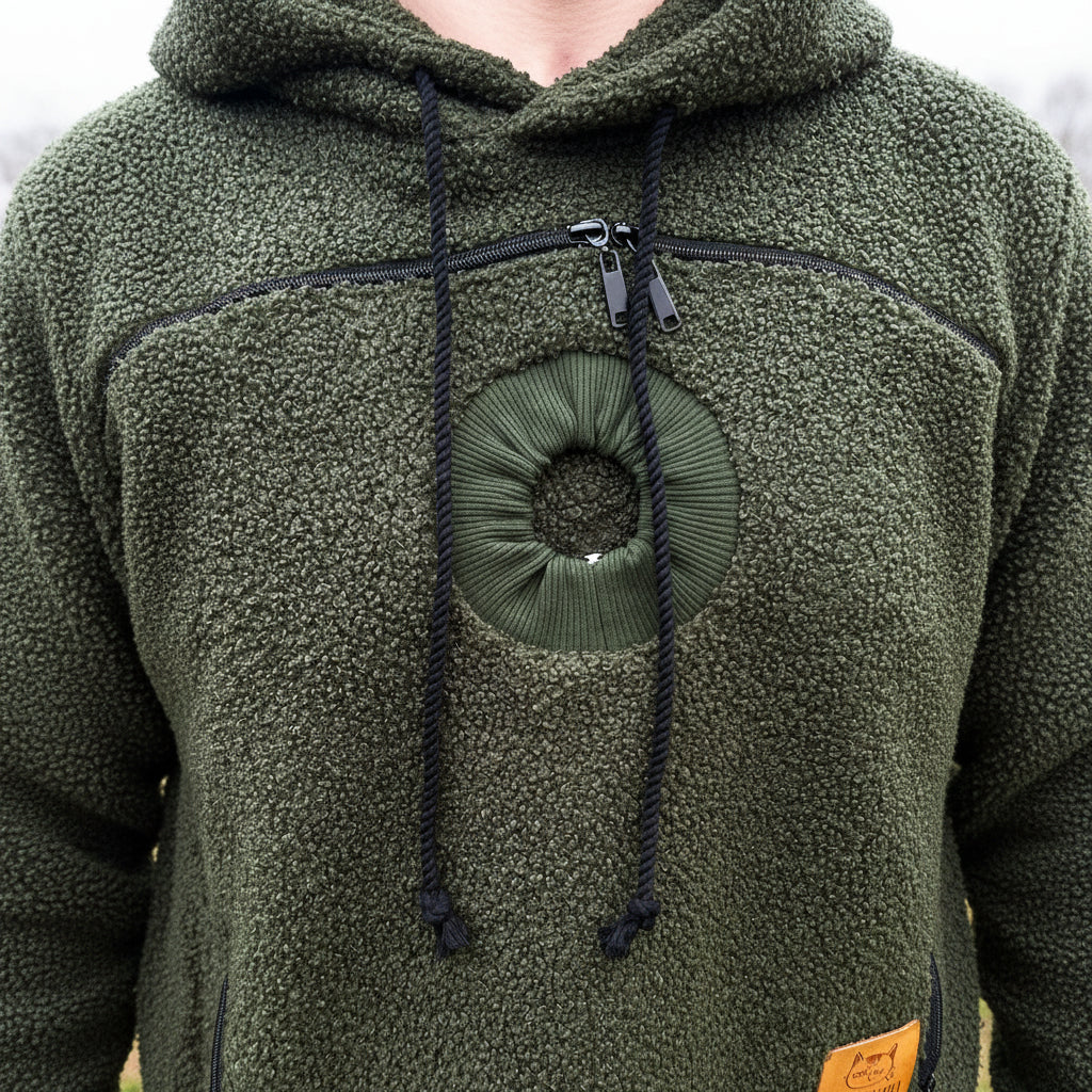 Close-up of a green khaki fleece jacket with a zipper and drawstrings.