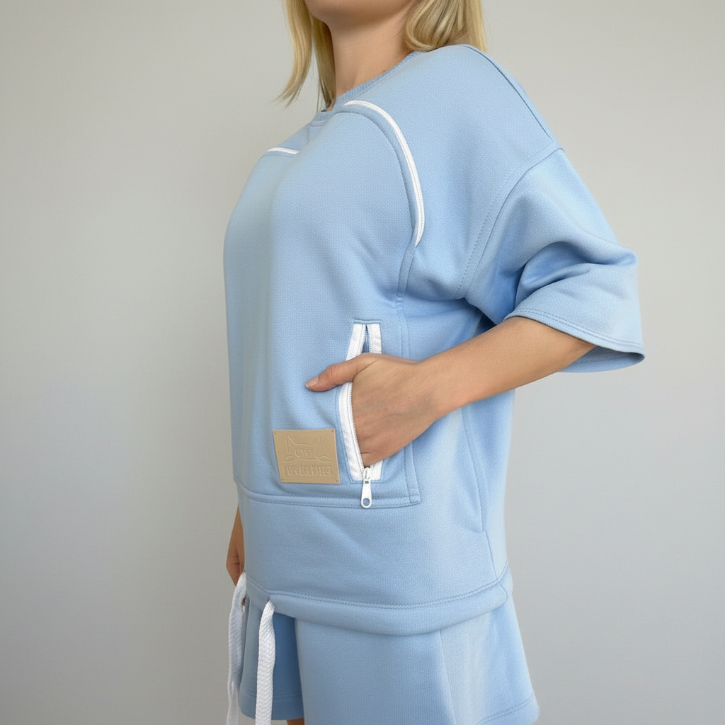 Light blue outfit with a pocket and white drawstrings on a plain background