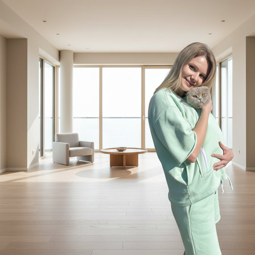 Woman in a lime green outfit holding a cat in a modern living room.