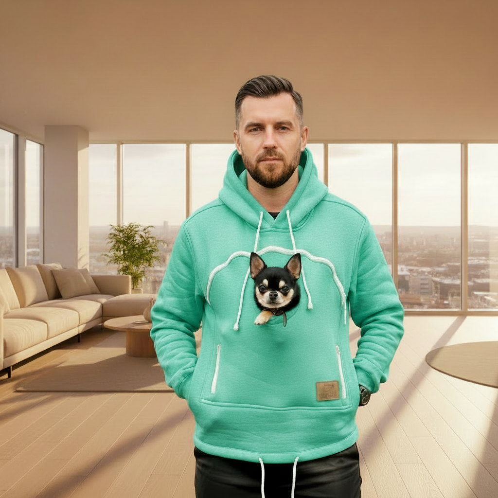 Man wearing a Mint Green hoodie with a dog design in a modern living room.