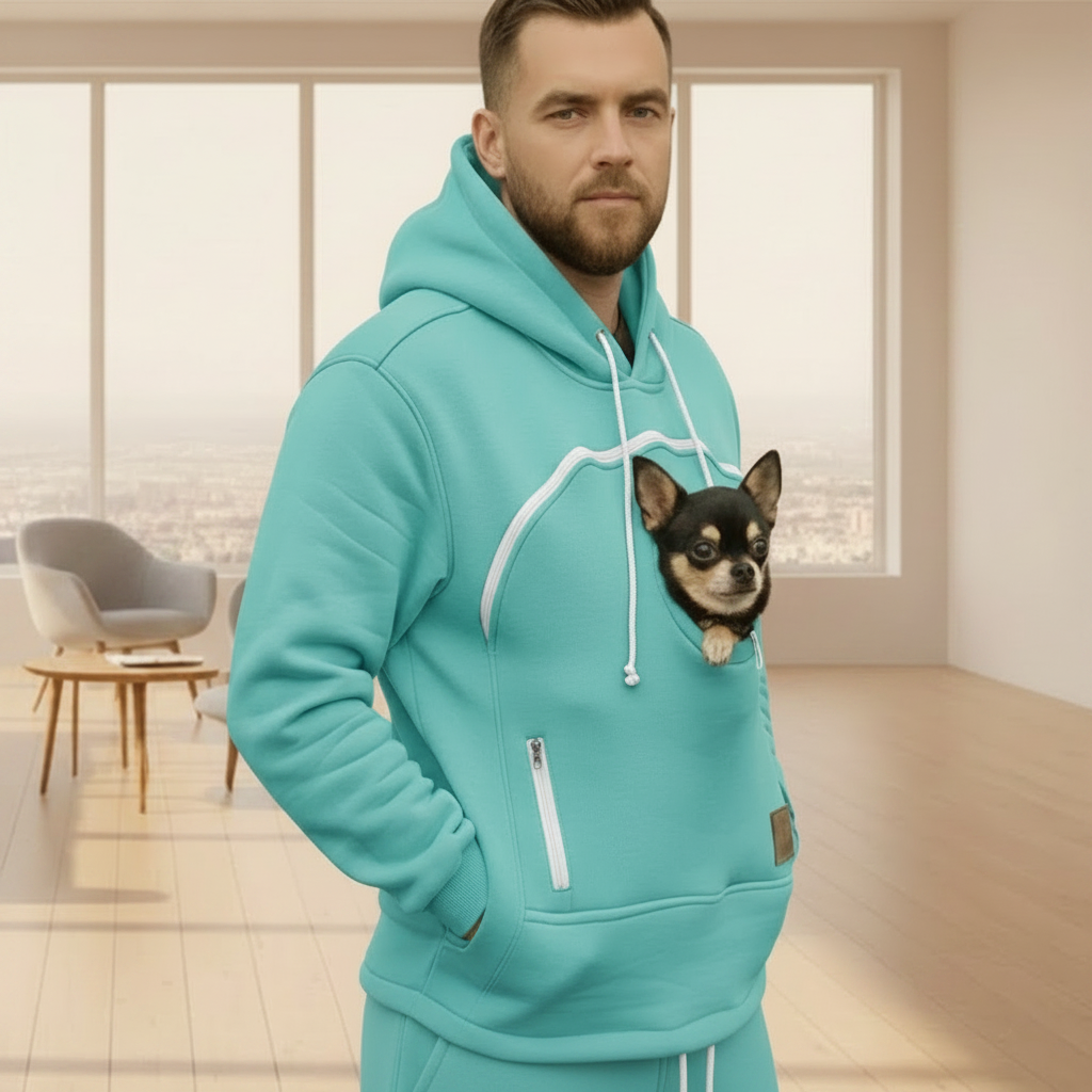 Man wearing a mint hoodie with a dog peeking out of the pocket in a modern room. Main image