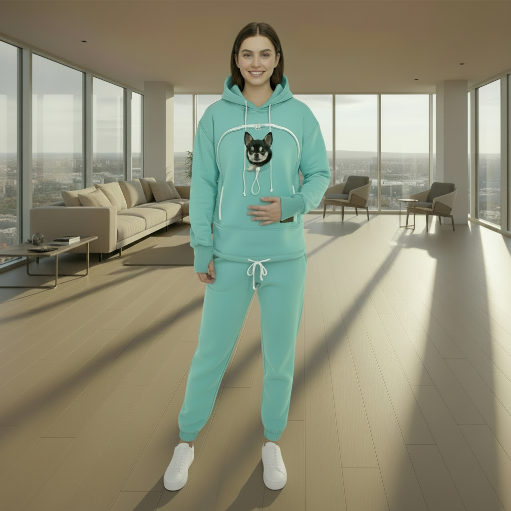 Person wearing a mint tracksuit with a dog in a modern living room.
