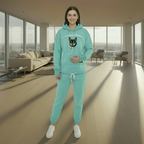 Person wearing a mint tracksuit with a dog in a modern living room.