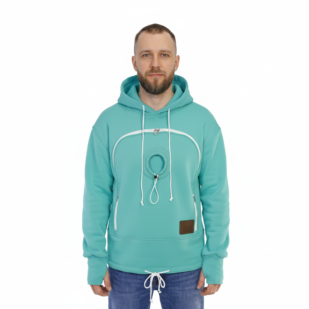 Man wearing a mint green hoodie with a unique design on a white background