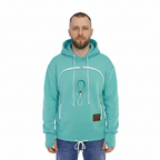 Man wearing a mint green hoodie with a unique design on a white background