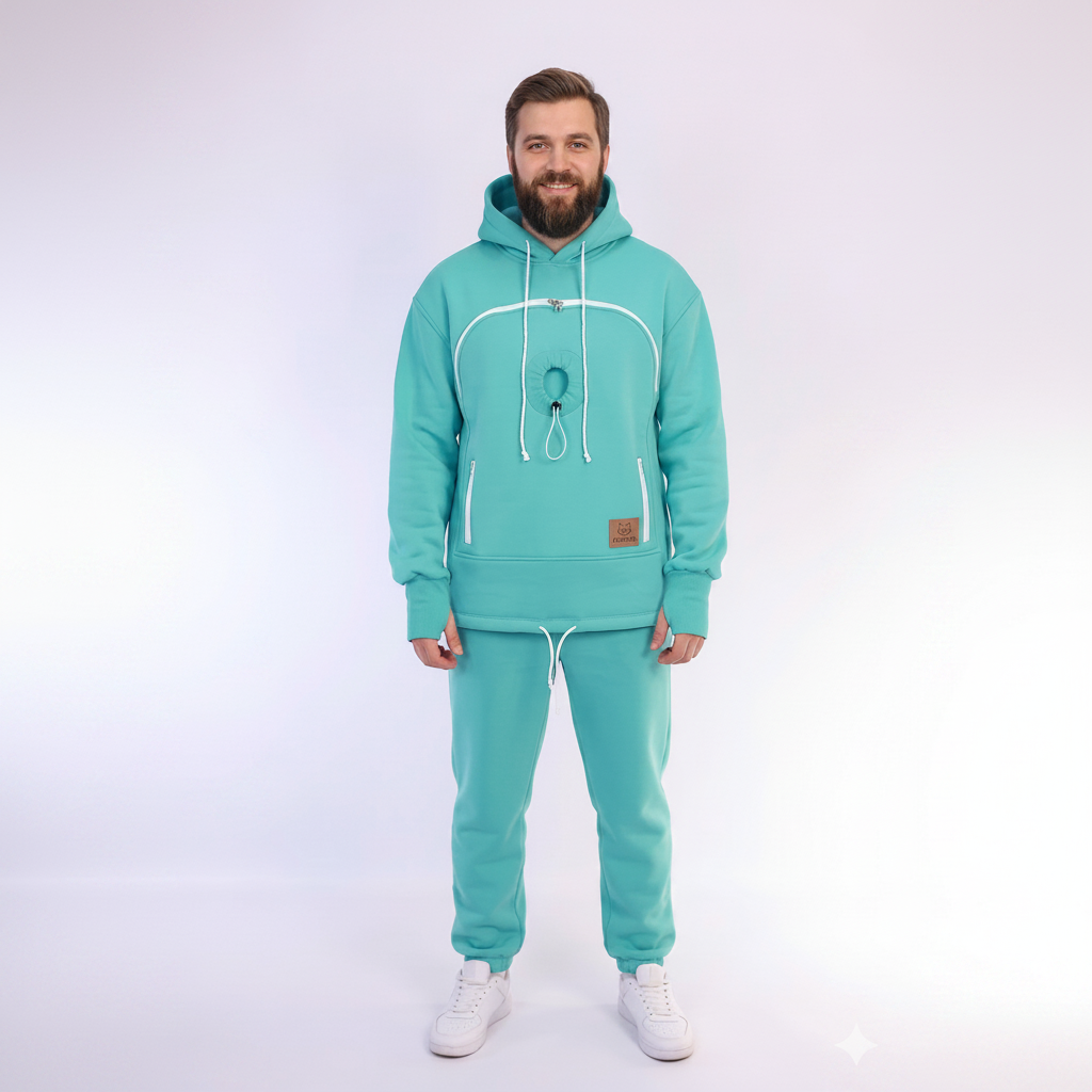 Man wearing a mint green tracksuit with a hood on a white background