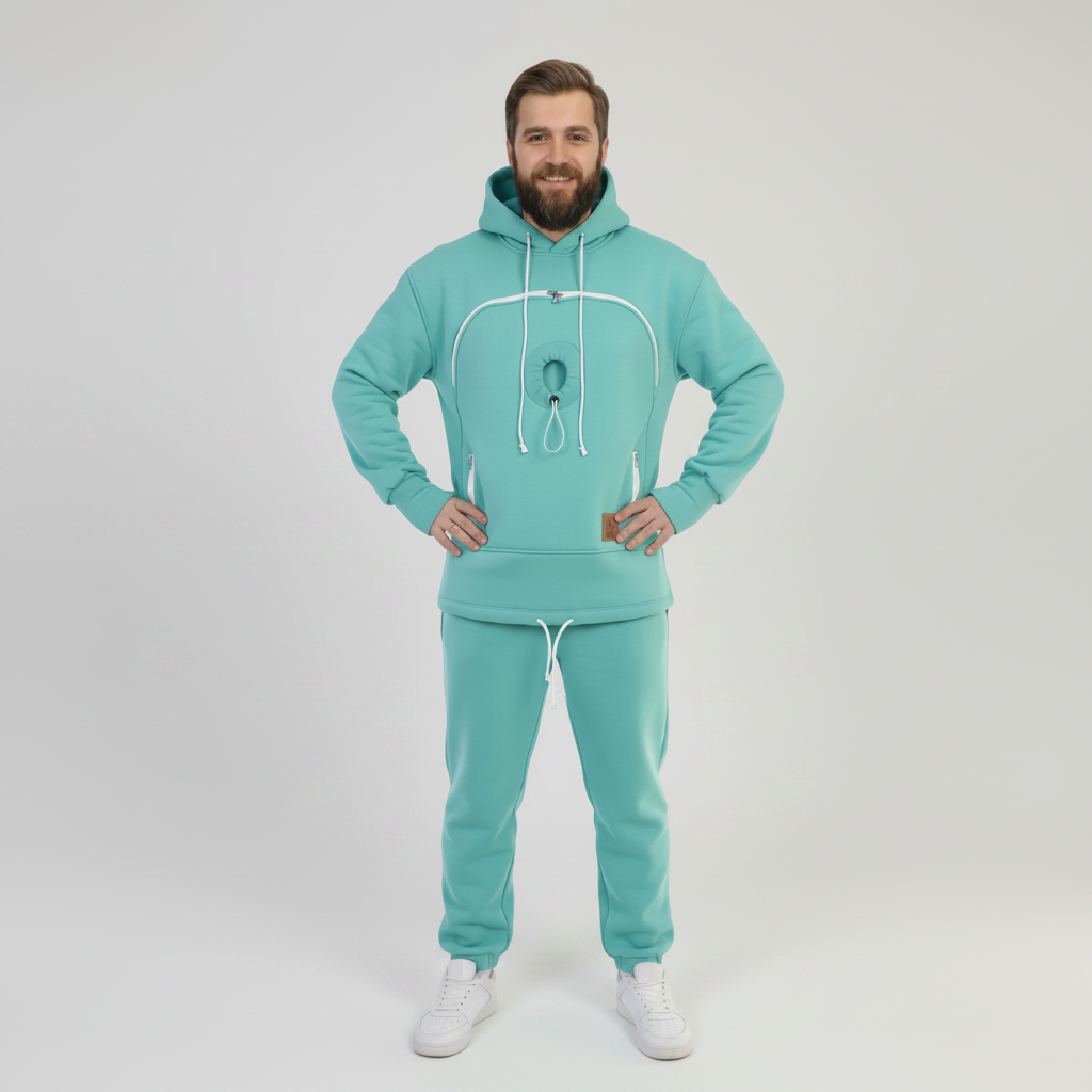 Man wearing a mint green tracksuit on a white background
