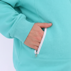 mint green hoodie with a zipper pocket on a light purple background