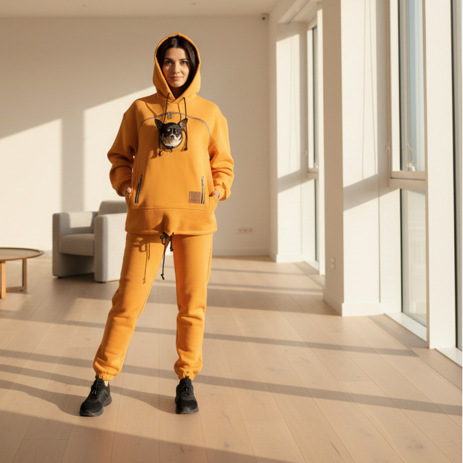 Person wearing a mustard yellow hoodie and pants in a modern room with large windows.