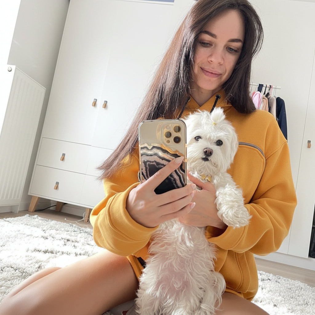 Woman in a Mustard sweater holding a small white dog and taking a selfie.