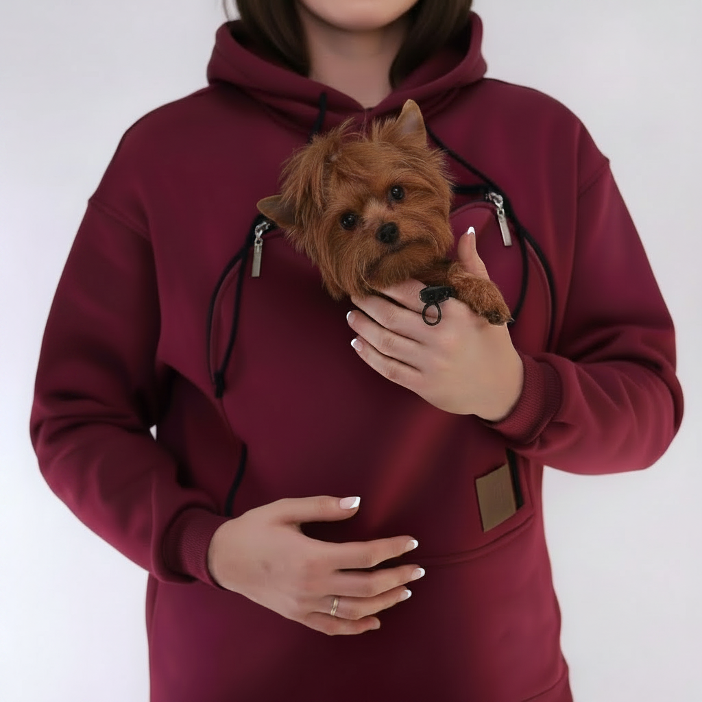 Women wearing a maroon hoodie holding a small brown dog against a white background