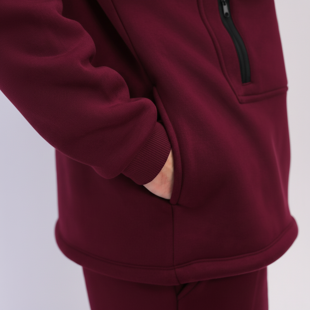 Red Burgundy tracksuit with a focus on the hoodie on a white background