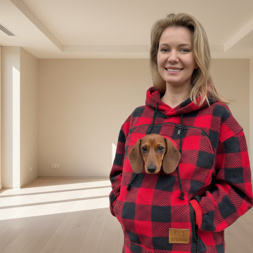 Red Tartan Women's Fleece Checkered Hoodie — Custom Puppy Designer Clothes with Pet Carrier Pouch Secondary image