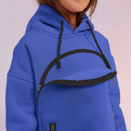 Royal Blue hoodie with black accents worn by a person on a white background