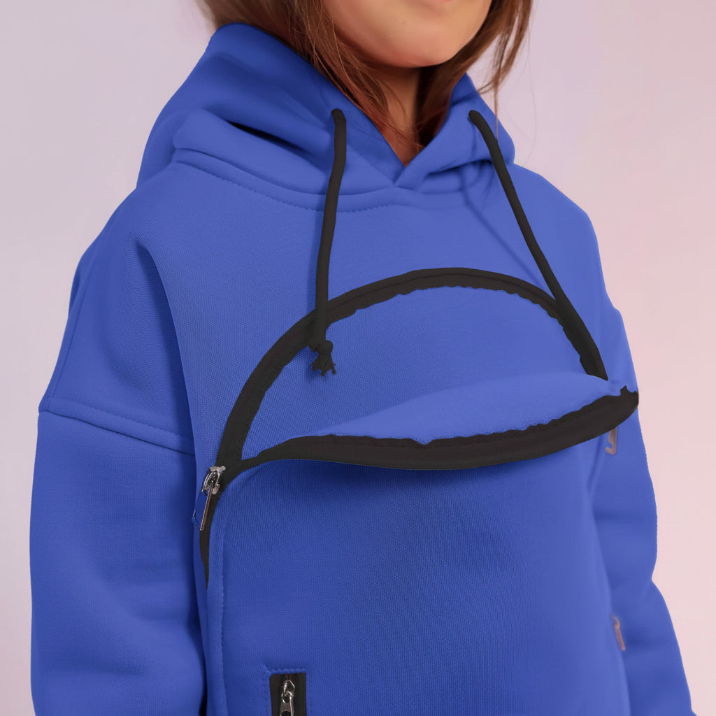 Royal Blue hoodie with black accents worn by a person on a white background