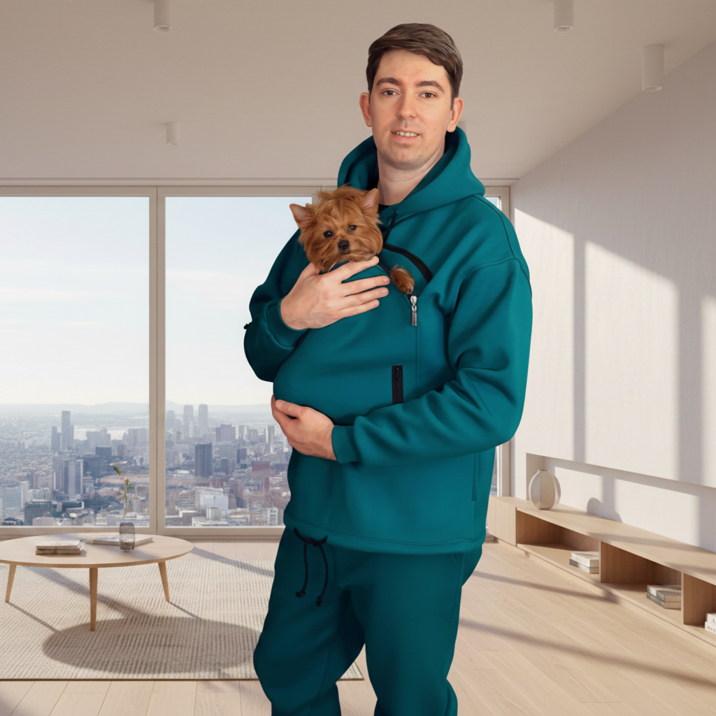 Designer Hoodies Men: Teal Hoodie for Cats, Rabbits & Dogs with Carrier Pouch Secondary image