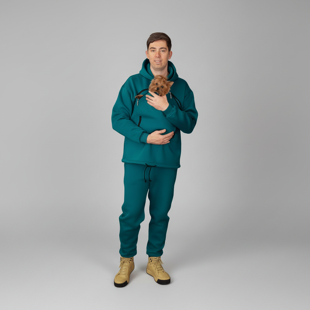 Man wearing teal outdoor gear holding a small dog on a gray background