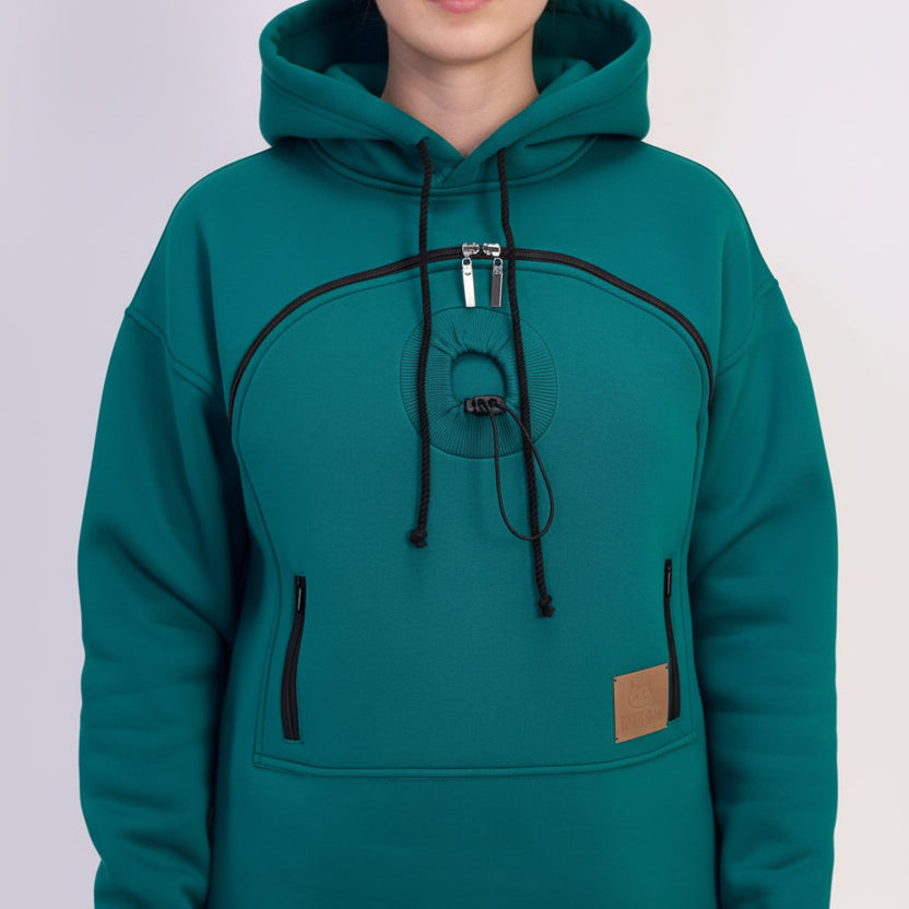 Teal hoodie with black accents on a white background