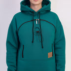 Teal hoodie with black accents on a white background