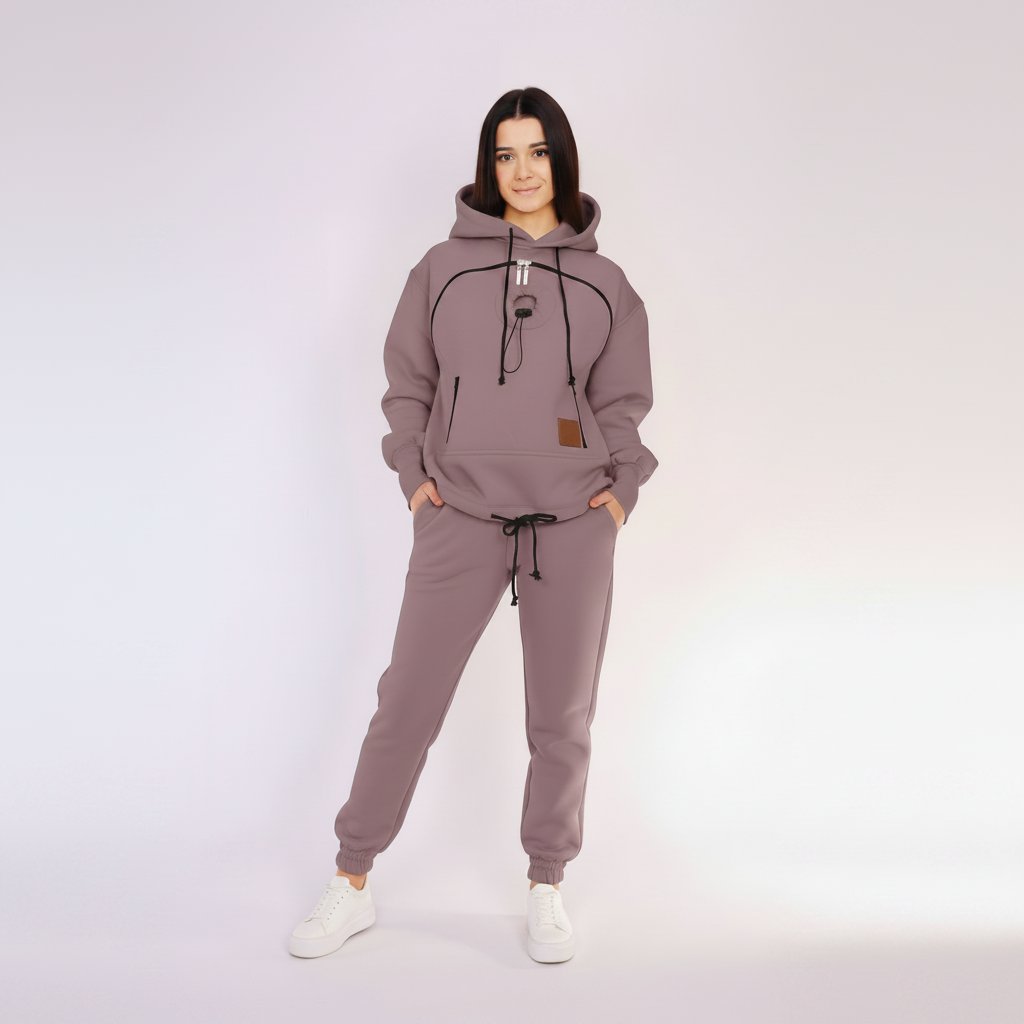 Person wearing a matching hoodie and jogger set on a white background